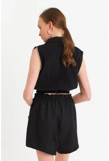 Kadın Siyah Taş Detaylı Crop Gömlek SUN200