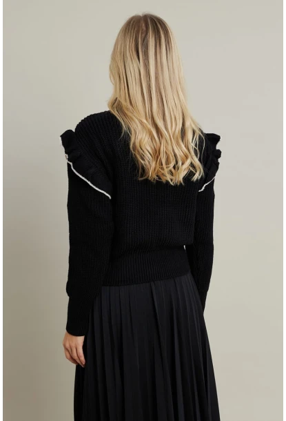 Kadın Siyah-Taş Fırfırlı Triko Bluz MQS1018