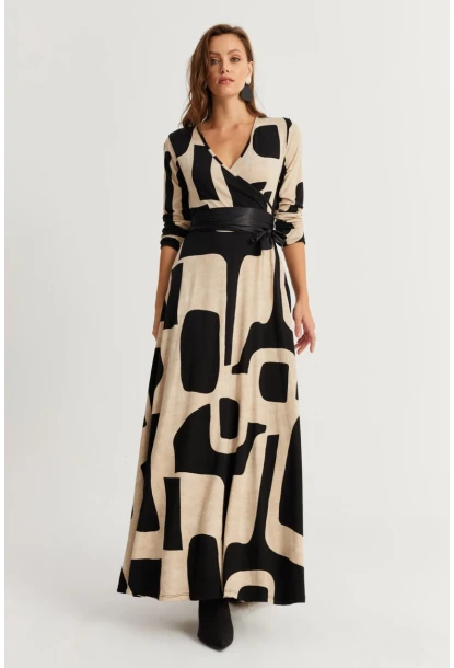 Kadın Siyah-Taş Kruvaze Maxi Elbise VTN3