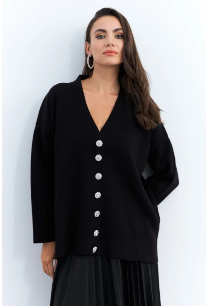 Kadın Siyah Taşlı Düğmeli Hırka MİW4572