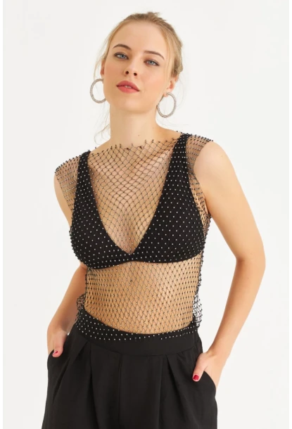 Kadın Siyah Taşlı File Bluz YEL221465