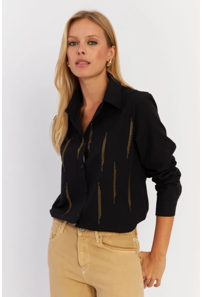 Kadın Siyah Taşlı Gömlek MZER412