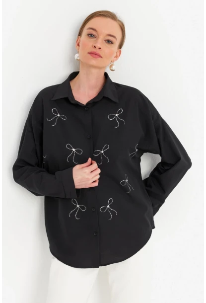 Kadın Siyah Taşlı Gömlek MZER426
