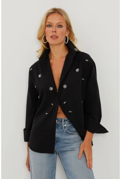 Kadın Siyah Taşlı Gömlek SF2550