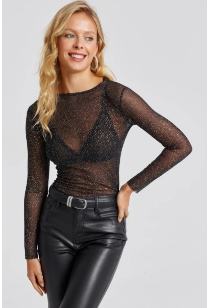 Kadın Siyah Taşlı Tül Bluz LPP1249