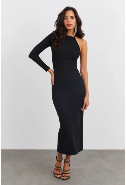 Kadın Siyah Tek Kol Kaşkorse Elbise EY1521