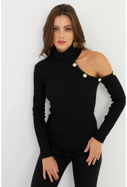 Kadın Siyah Tek Omuz Açık Kaşkorse Balıkçı Bluz EY2947