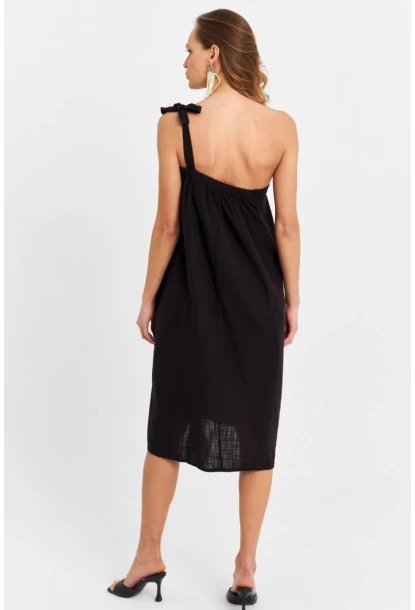 Kadın Siyah Tek Omuz Asimetrik Yaka Midi Elbise PC10813