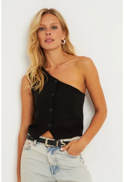 Kadın Siyah Tek Omuz Astarlı Yelek TW60140