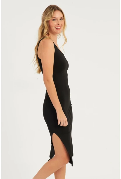 Kadın Siyah Tek Omuz Midi Elbise CG343