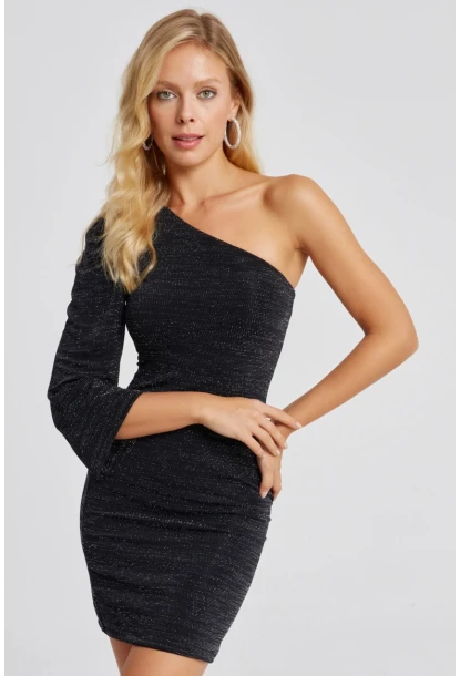 Kadın Siyah Tek Omuz Simli Mini Elbise MON116
