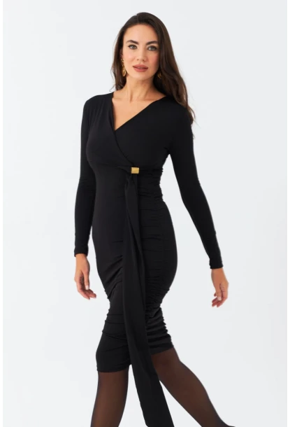 Kadın Siyah Toka Detaylı Drapeli Şık Midi Elbise FRY2261