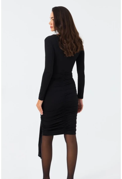 Kadın Siyah Toka Detaylı Drapeli Şık Midi Elbise FRY2261