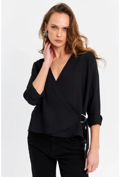 Kadın Siyah Tokalı Kruvaze Gömlek MRS15744