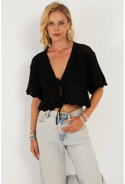 Kadın Siyah Triko Ajurlu Hırka YV255