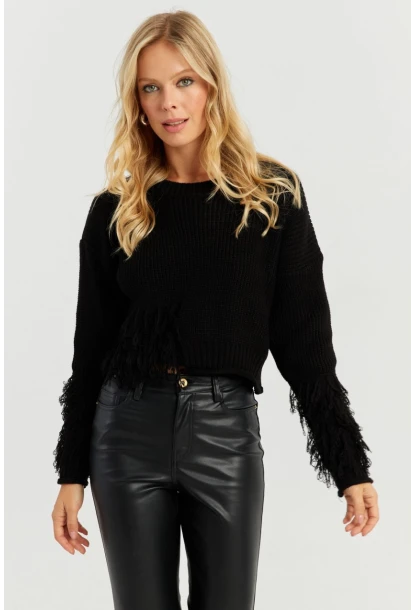 Kadın Siyah Triko Kısa Kazak YZ526