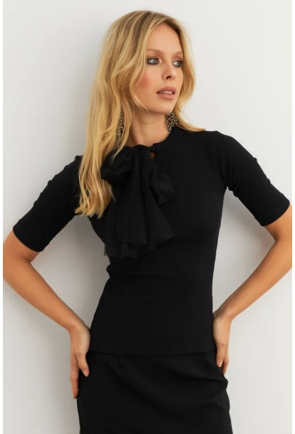 Kadın Siyah Tül Bağlamalı Kaşkorse Bluz EY3014