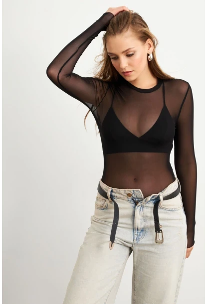 Kadın Siyah Tül Body RX454