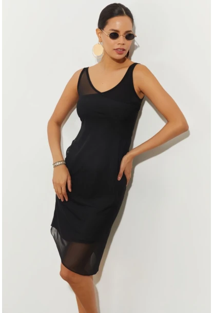 Kadın Siyah Tül Detaylı Asimetrik Mini Elbise B2475