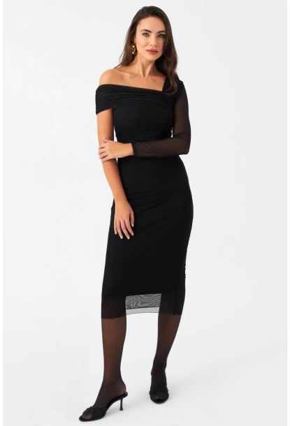 Kadın Siyah Tül Detaylı Büzğülü Astarlı Midi Elbise MON141