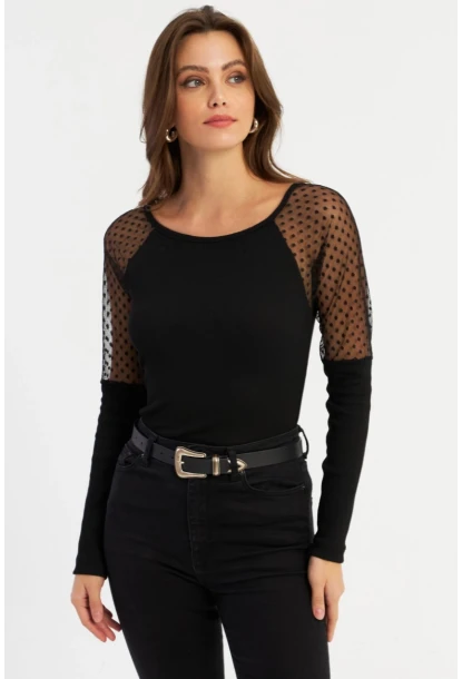 Kadın Siyah Tül Detaylı Kaşkorse Bluz EY2943