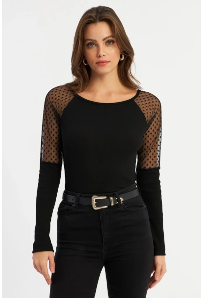Kadın Siyah Tül Detaylı Kaşkorse Bluz EY2943