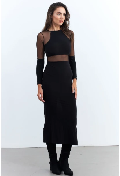 Kadın Siyah Tül Detaylı Midi Elbise ELT3834