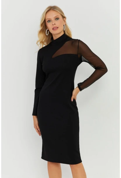 Kadın Siyah Tül Detaylı Midi Elbise ST5022