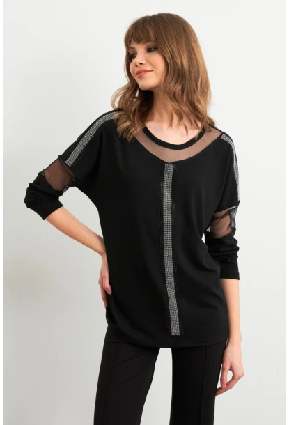 Kadın Siyah Tül Detaylı Taşlı Bluz PRO4050