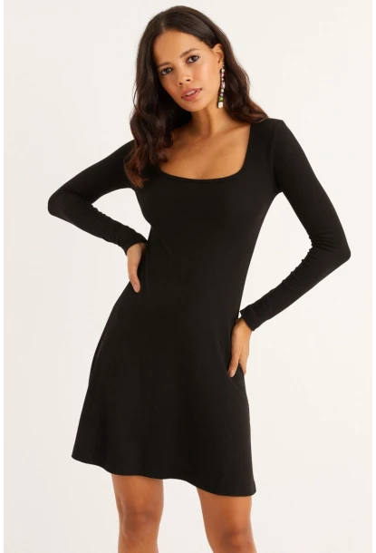 Kadın Siyah U Yaka Kaşkorse Mini Elbise EY1308