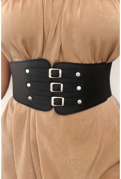 Kadın Siyah Üç Tokalı Lastikli Korse Kemer BE642