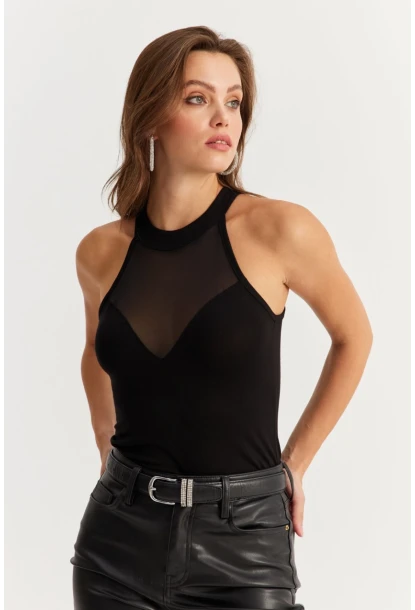 Kadın Siyah Üstü Tül Halter Yaka Bluz EY2922