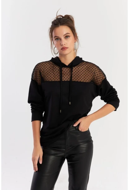 Kadın Siyah Üstü Tül Kapüşonlu Sweatshirt EY2934