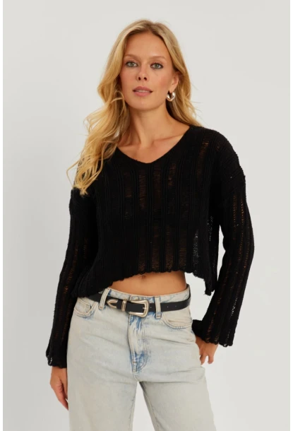 Kadın Siyah V Yaka Ajurlu Triko Bluz YV233