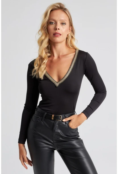 Kadın Siyah V Yaka Bluz EY2673