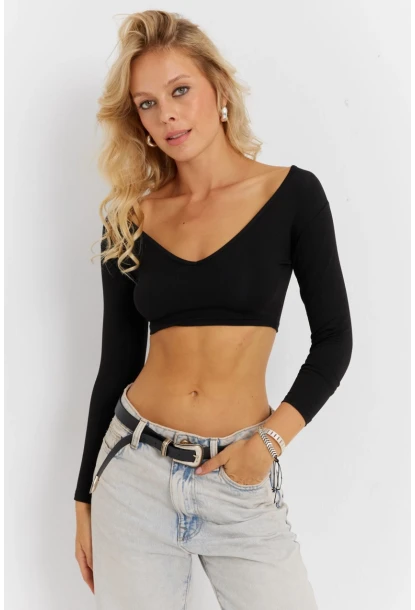 Kadın Siyah V Yaka Crop Bluz CG368