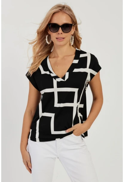 Kadın Siyah V Yaka Desenli Bluz AYD293