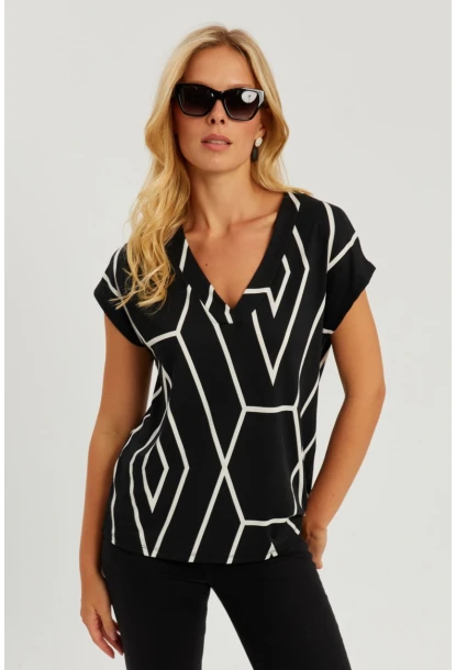Kadın Siyah V Yaka Desenli Bluz AYD320