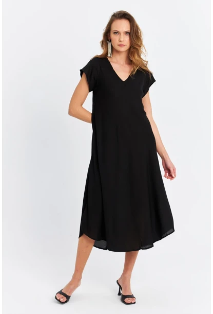 Kadın Siyah V Yaka Midi Elbise PC22649