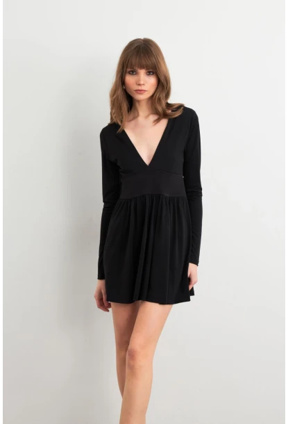 Kadın Siyah V Yaka Mini Elbise LİK17