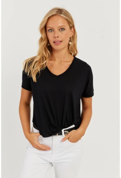 Kadın Siyah V Yaka Salaş T-Shirt LPP1271