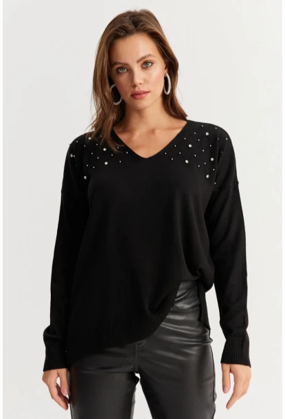 Kadın Siyah V Yaka Taşlı İnce Triko Bluz YİL002