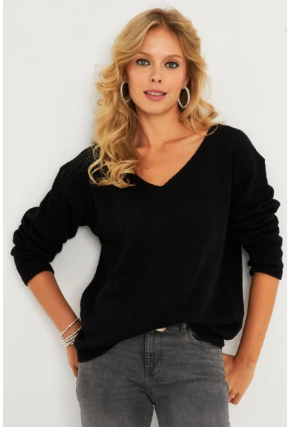 Kadın Siyah V Yaka Triko Bluz YV282