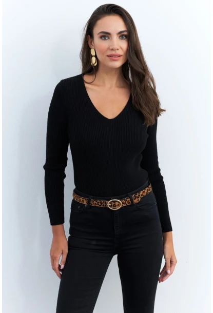Kadın Siyah V Yaka Triko Bluz YV284