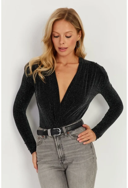 Kadın Siyah Vatkalı Kruvaze Çıtçıtlı Bodysuit GÇ151