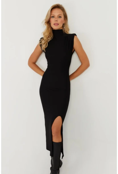 Kadın Siyah Vatkalı Yırtmaçlı Midi Elbise MON120