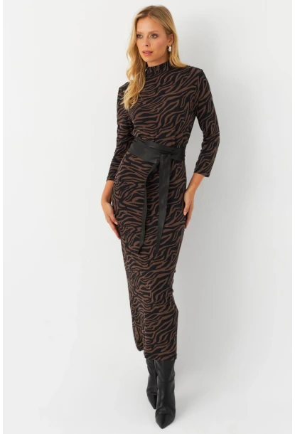 Kadın Siyah-Vizon Desenli Midi Elbise MLPP400