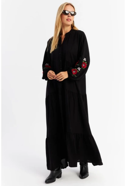 Kadın Siyah Volanlı Maxi Elbise MALO9