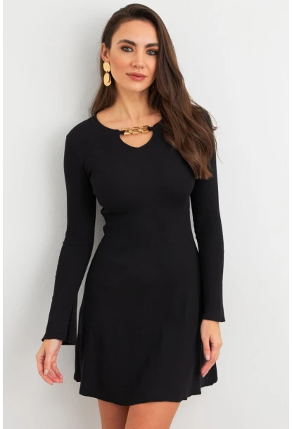 Kadın Siyah Yakası Aksesuarlı Mini Elbise FRY2267