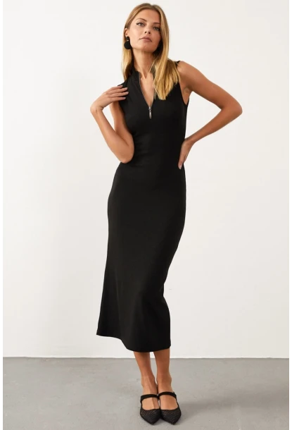 Kadın Siyah Yakası Fermuarlı Kolsuz Kaşkorse Elbise Yİ1959